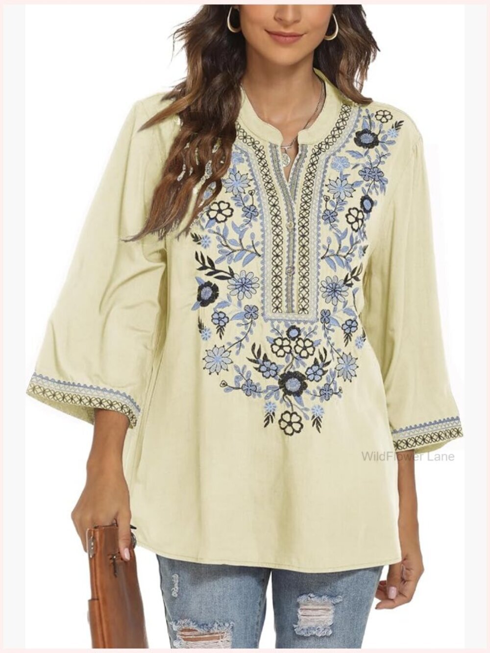 Boho Embroidered Peasant Tunic Top 3/4 Sleeve V Neck Lightweight Blouse